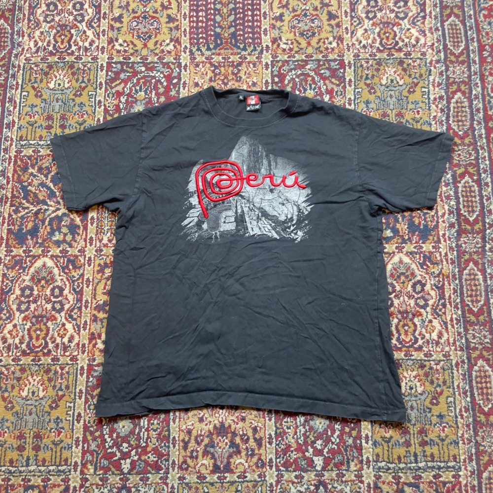 VTG 90s 00s‎ Peru Graphic T Shirt Red Embroidered Machu Picchu Black XL Red Logo